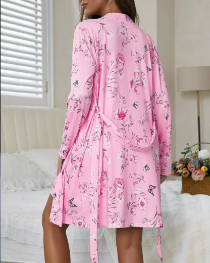 Vibecurve® Floral Print Belted Robe & Cami Nightdress Two-piece Set