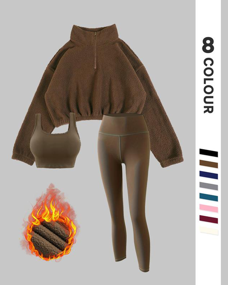 Vibecurve® Solid Thermal Lined Tracksuit Set, Sporty Casual Comfy Breathable Three-piece Outfits