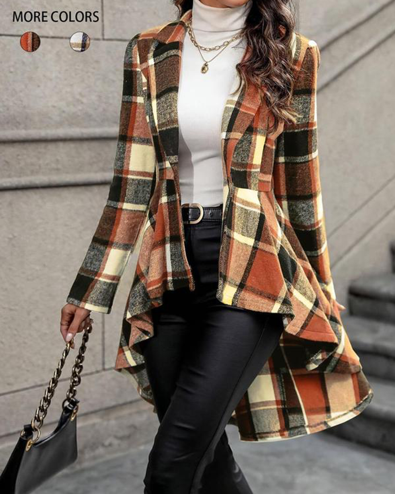 Vibecurve® Women's Plaid Print Button High Low Hem Jacket