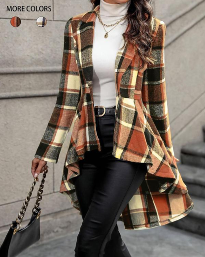 Vibecurve® Women's Plaid Print Button High Low Hem Jacket