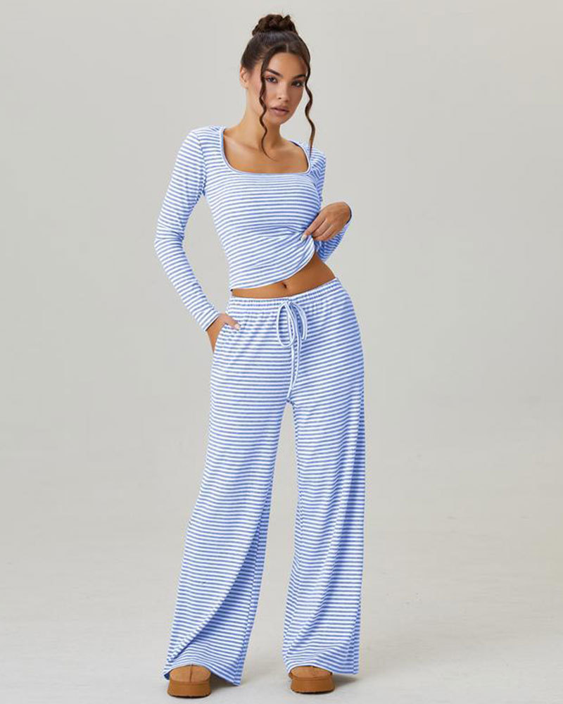 Vibecurve® Slouchy Square Neck Stripe Long Sleeve Crop Top & Low-Rise Wide Leg Trousers Co-ord