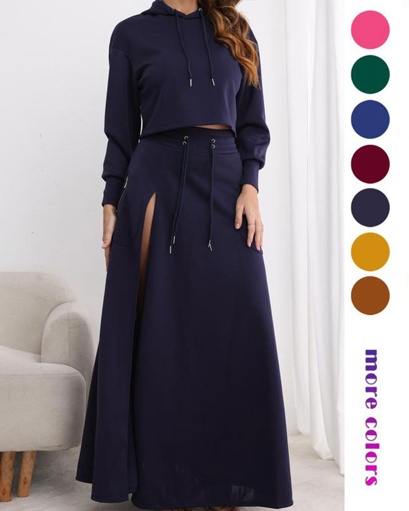 Vibecurve® Women's Solid Drawstring Hoodie & Split Thigh Skirt Set