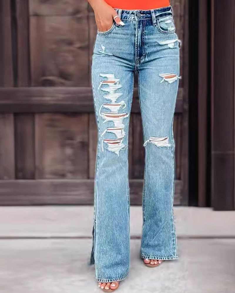 Vibecurve® Women's Jeans High Waist Hole Breaking Pants Micro Split Trousers