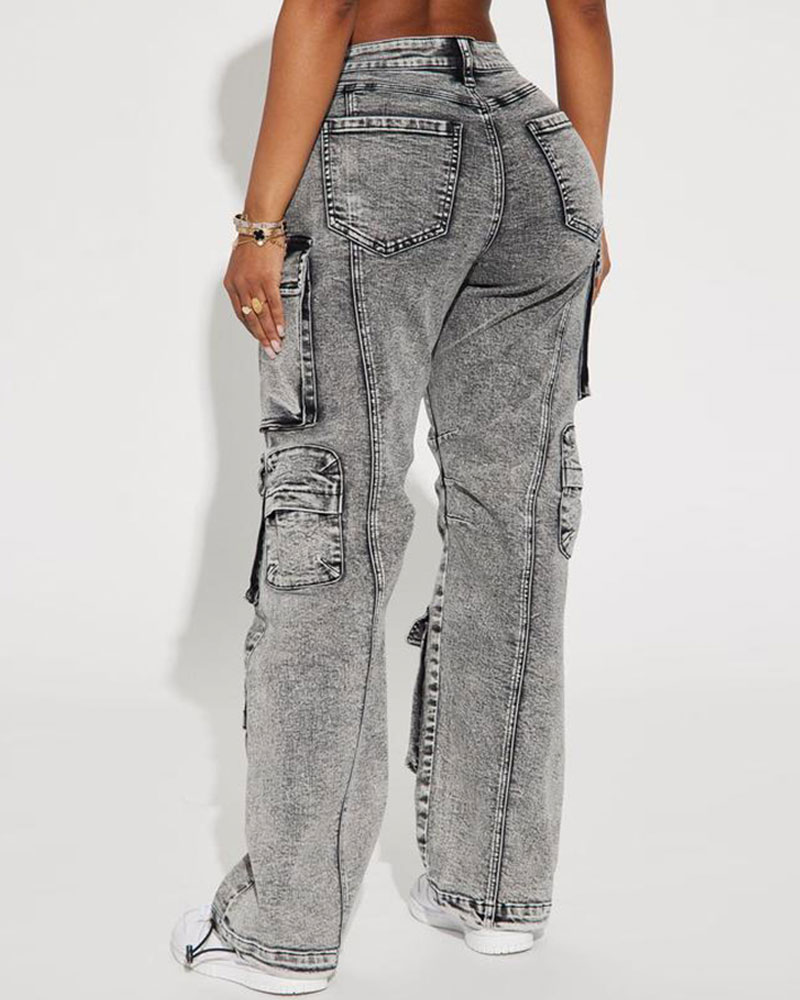 Vibecurve® High Rise Stretch Cargo Jeans - Acid Wash Grey