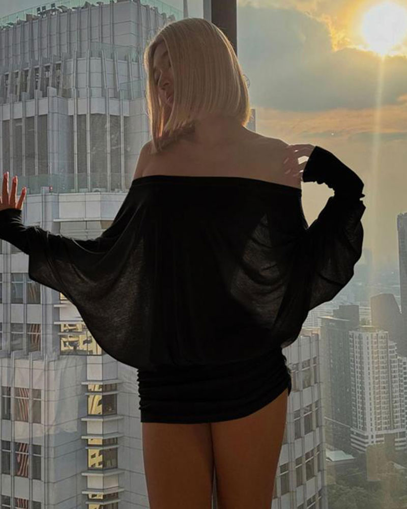 Vibecurve® Women's Solid Off The Shoulder Sheer Ruched Dress