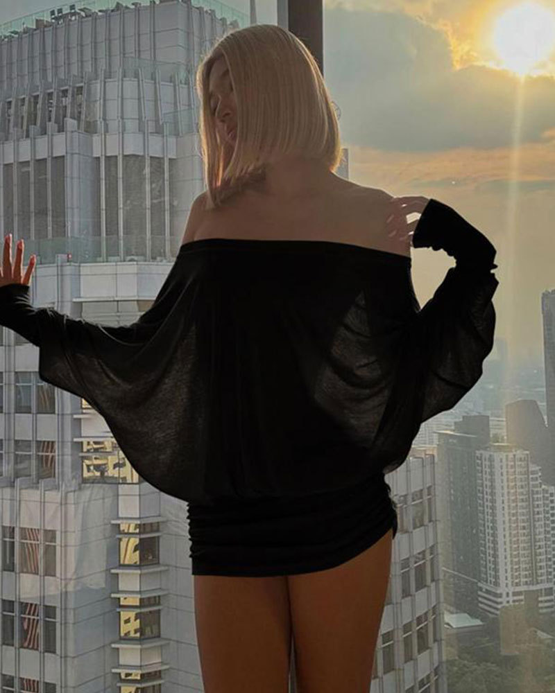 Vibecurve® Women's Solid Off The Shoulder Sheer Ruched Dress