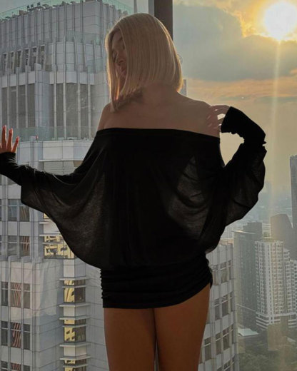 Vibecurve® Women's Solid Off The Shoulder Sheer Ruched Dress