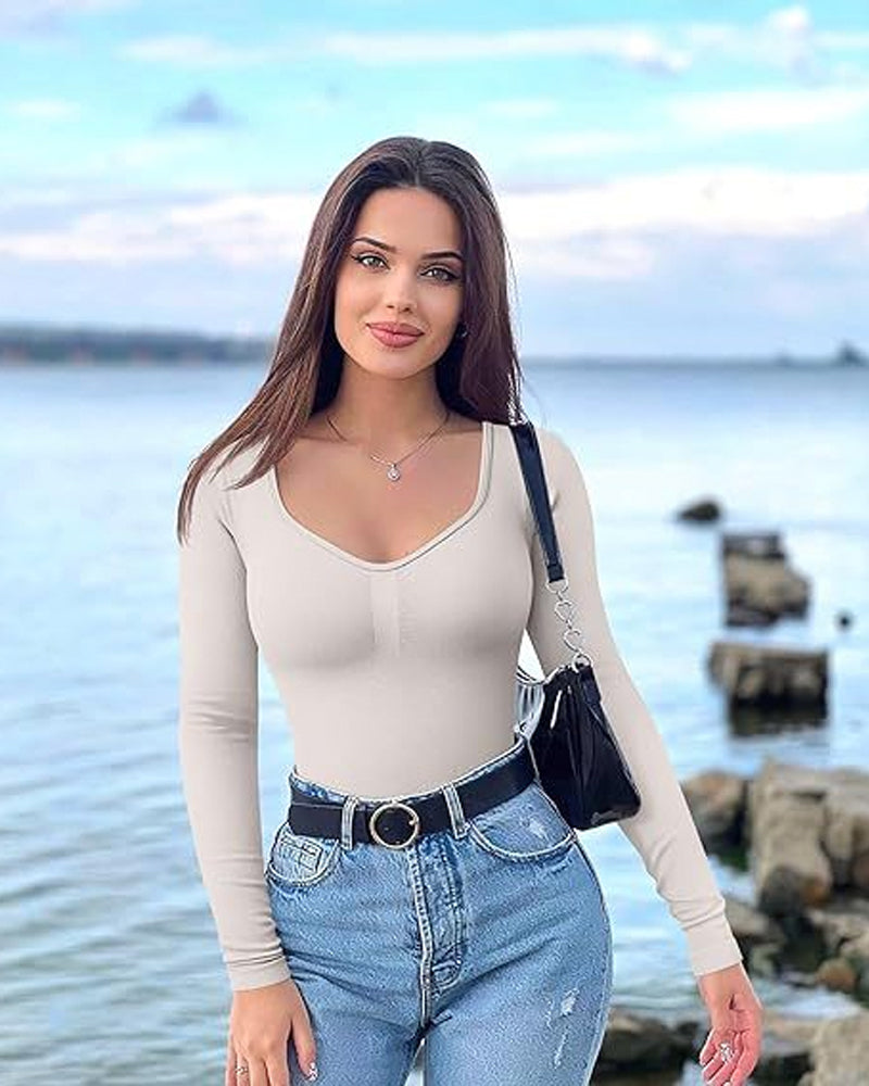 Vibecurve® Seamless Long Sleeve V-Neck Sculpting Bodysuit