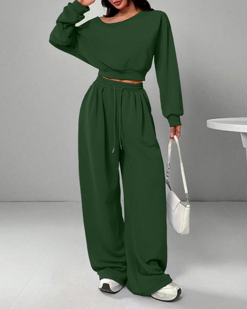 Vibecurve® Leisure Solid Color Sloping Shoulder Long Sleeve Top & Wide Leg Trousers Co-ord