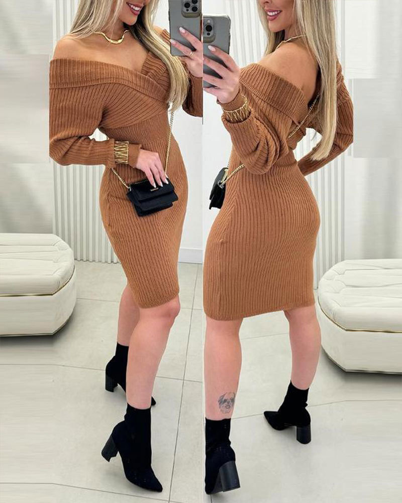 🔥Vibecurve® Women's Off Shoulder Slim Fit Knit Long Sleeve Dress Bodycon Sweater Dress