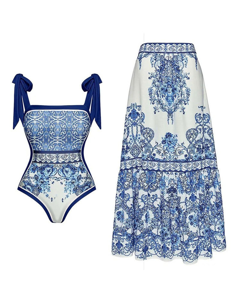 Vibecurve® Starfish Decoration Print Hollow-out Flared Skirt Swimsuit