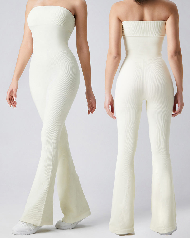 Vibecurve® Women's Ribbed Strapless Tube Top Flared Bottom Yoga Jumpsuit