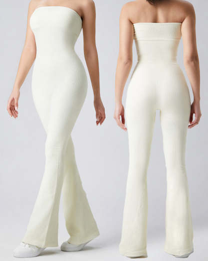 Vibecurve® Women's Ribbed Strapless Tube Top Flared Bottom Yoga Jumpsuit