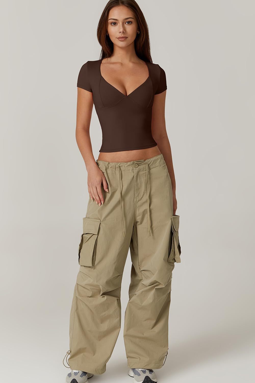 Vibecurve® Women's V Neck Short Sleeve T Shirts Double Lined Tee Seamed Cup Going Out Tops