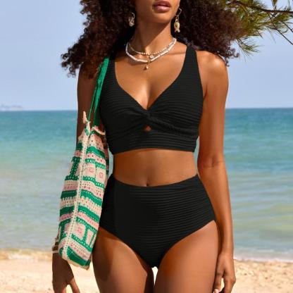 Vibecurve® Women's Textured Bikini Sets Twist Front Top Swimsuits High Waisted Bathing Suits