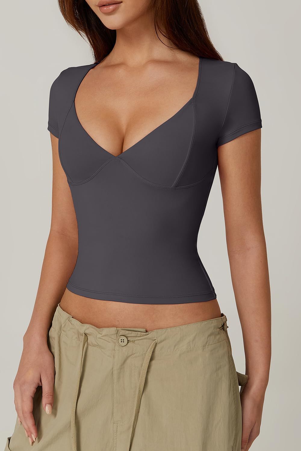 Vibecurve® Women's V Neck Short Sleeve T Shirts Double Lined Tee Seamed Cup Going Out Tops