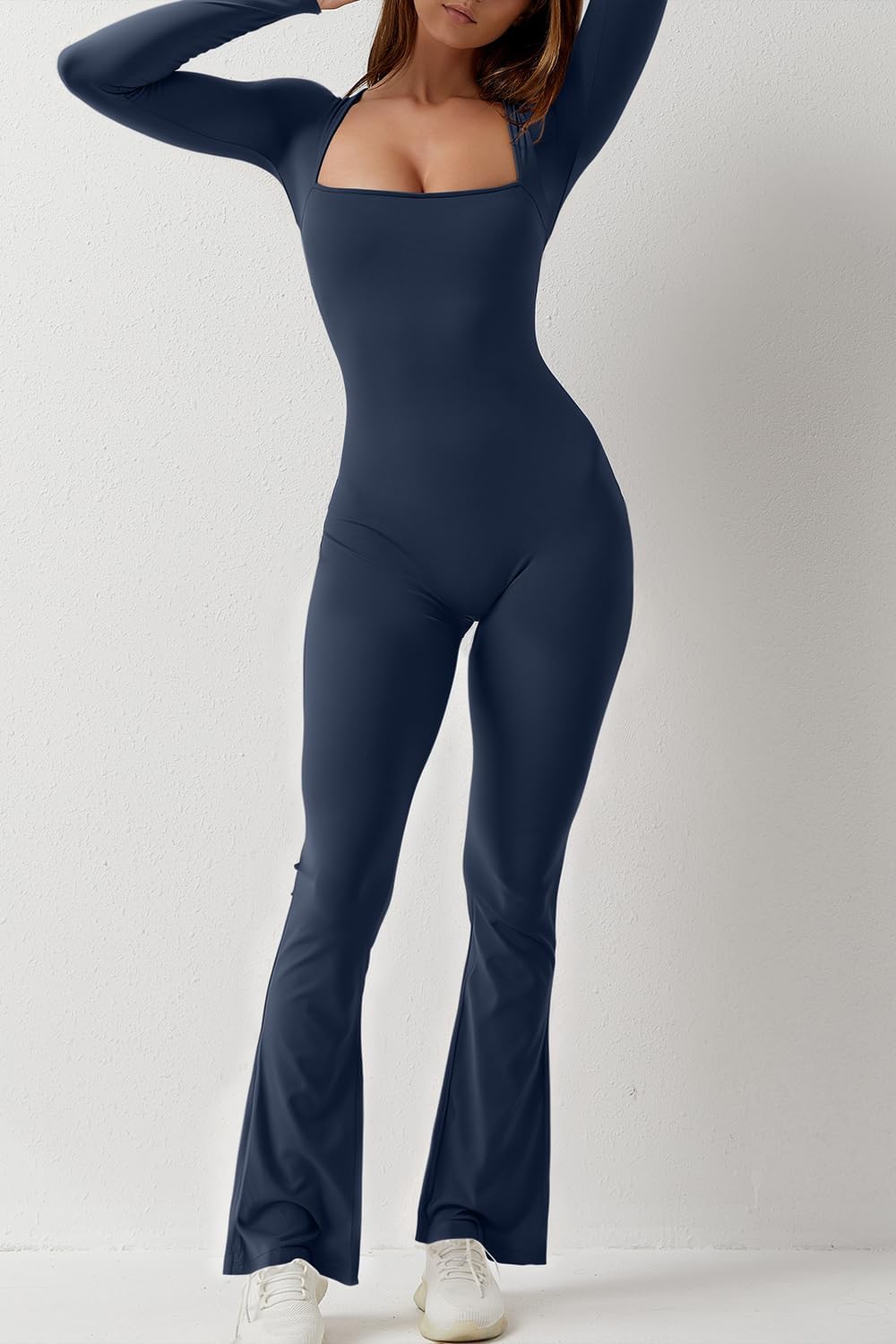 Vibecurve® Solid Square Neck Slim Long Sleeve Flare Leg Full Length Jumpsuit