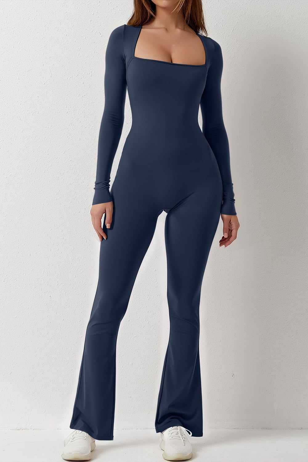 Vibecurve® Solid Square Neck Slim Long Sleeve Flare Leg Full Length Jumpsuit