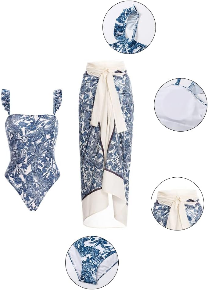 Vibecurve® Aprilake Women's Summer Square NeckSleeveless Swimsuit Bodysuit Tops Beach Skirt 2Piece Swimsuit Outfits