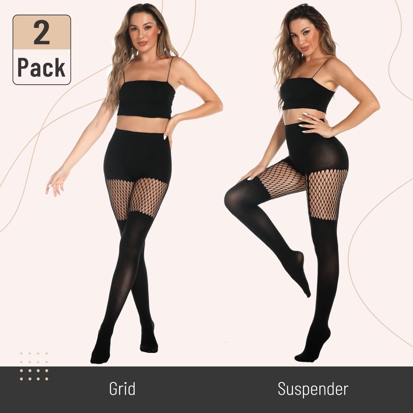 Womens Faux Thigh High Fishnet Stockings Stitching Opaque Pantyhose Mock Over the Knee Goth Striped Suspender Tights