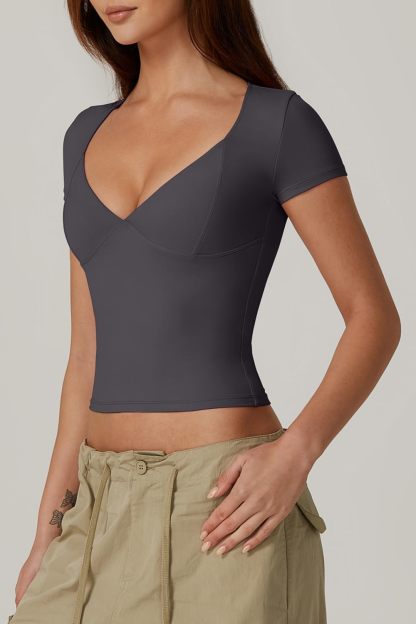 Vibecurve® Women's V Neck Short Sleeve T Shirts Double Lined Tee Seamed Cup Going Out Tops