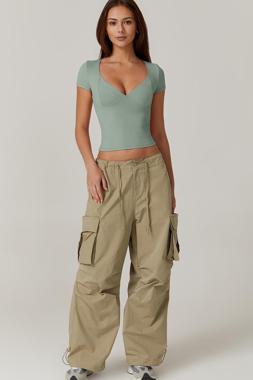 Vibecurve® Women's V Neck Short Sleeve T Shirts Double Lined Tee Seamed Cup Going Out Tops