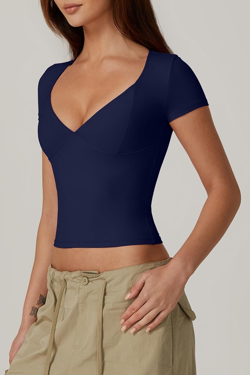 Vibecurve® Women's V Neck Short Sleeve T Shirts Double Lined Tee Seamed Cup Going Out Tops