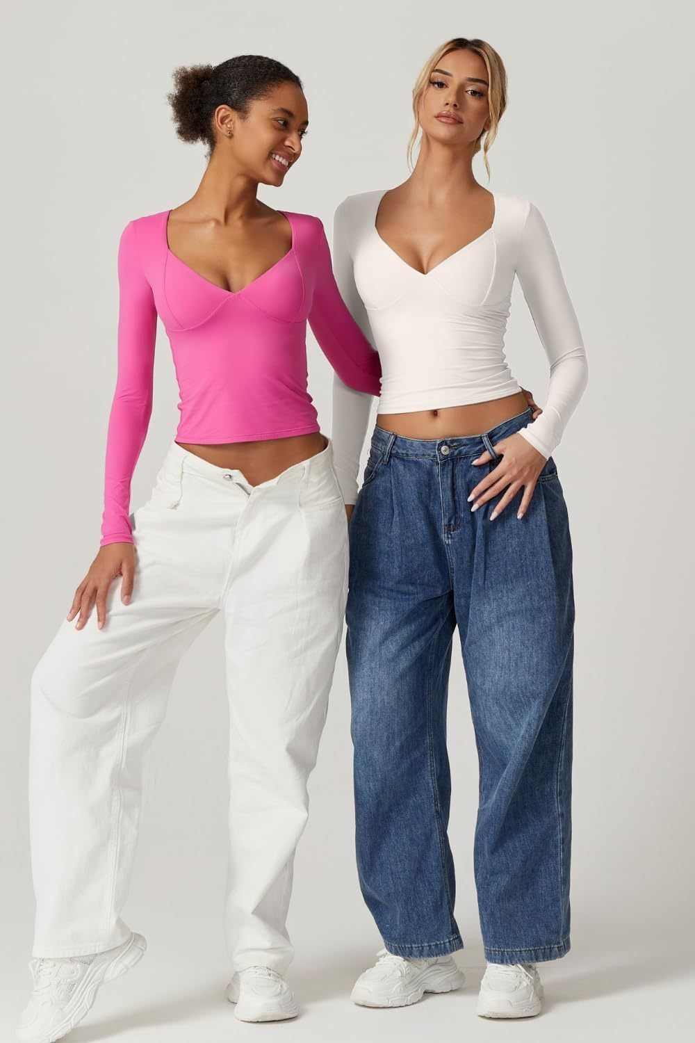 Vibecurve® Women's Long Sleeve Deep V Neck Crop Top Basic Style