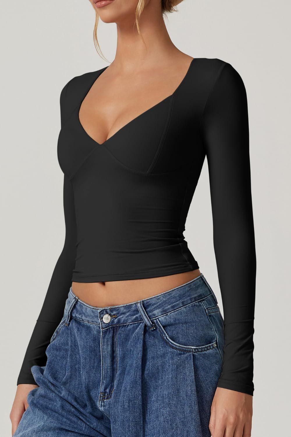 Vibecurve® Women's Long Sleeve Deep V Neck Crop Top Basic Style