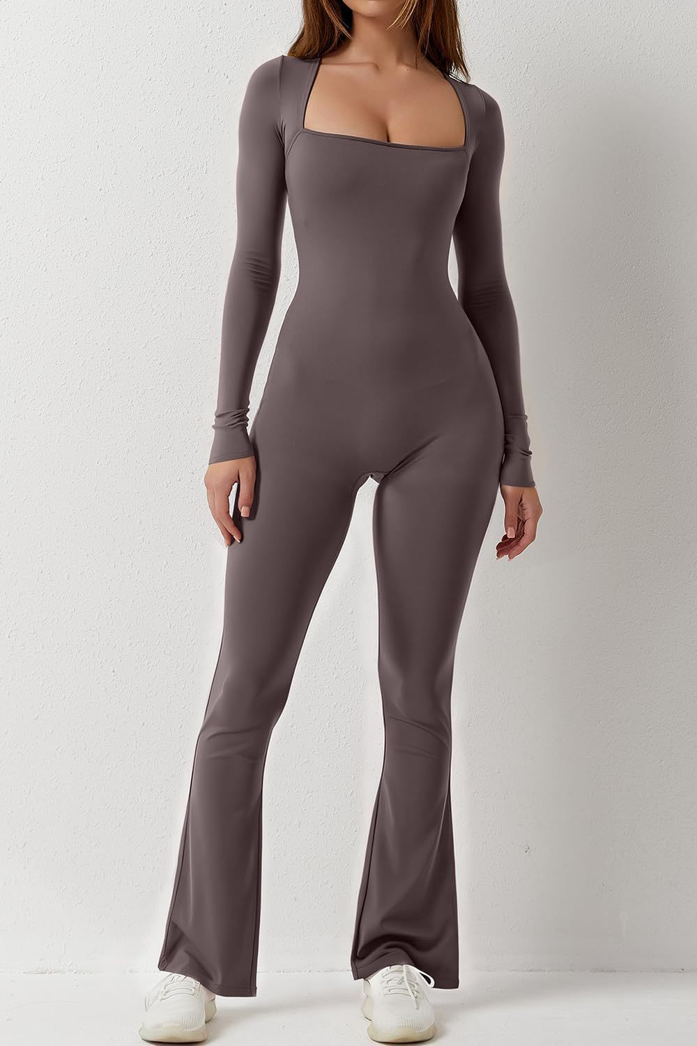 Vibecurve® Solid Square Neck Slim Long Sleeve Flare Leg Full Length Jumpsuit