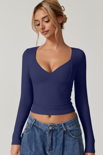 Vibecurve® Women's Long Sleeve Deep V Neck Crop Top Basic Style