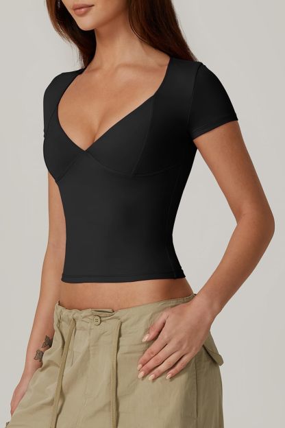 Vibecurve® Women's V Neck Short Sleeve T Shirts Double Lined Tee Seamed Cup Going Out Tops