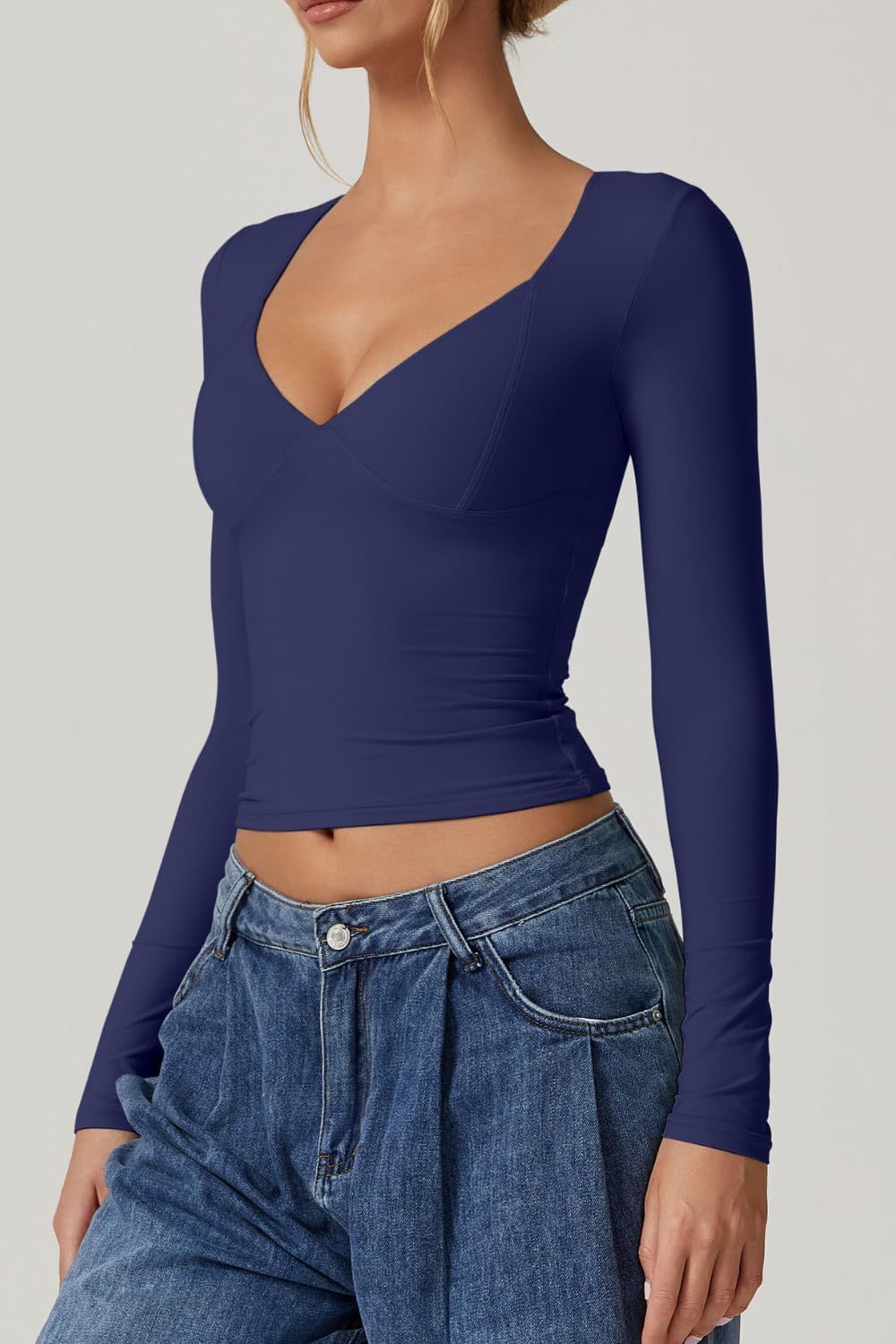Vibecurve® Women's Long Sleeve Deep V Neck Crop Top Basic Style