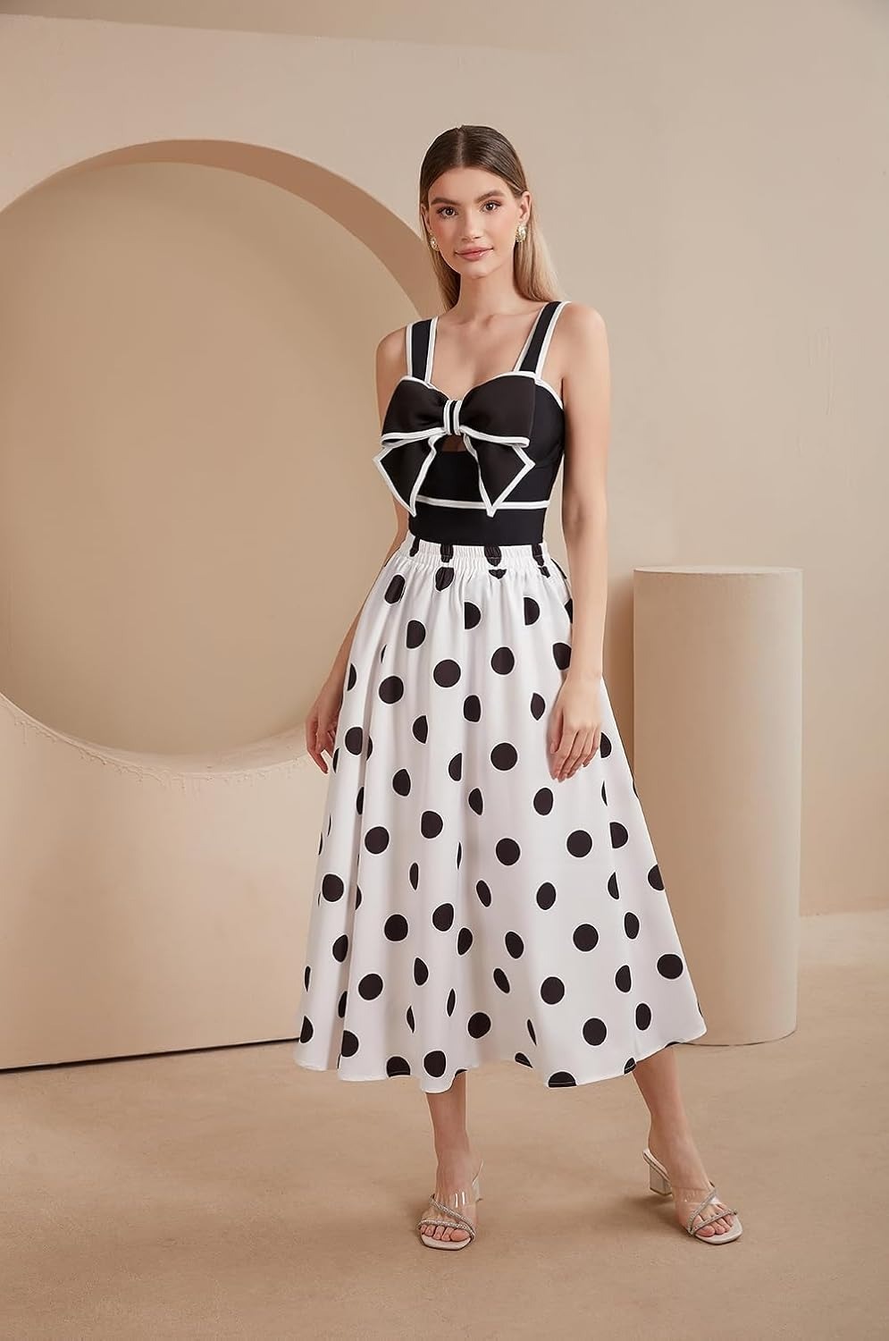 Vibecurve®Black and White Swimsuit Bow-tie Decor Women's Polka dot Print Skirt One Piece Bathing Suit with Skirt