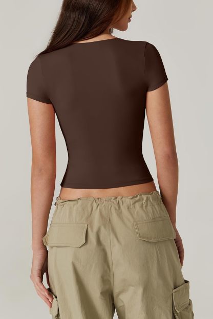 Vibecurve® Women's V Neck Short Sleeve T Shirts Double Lined Tee Seamed Cup Going Out Tops