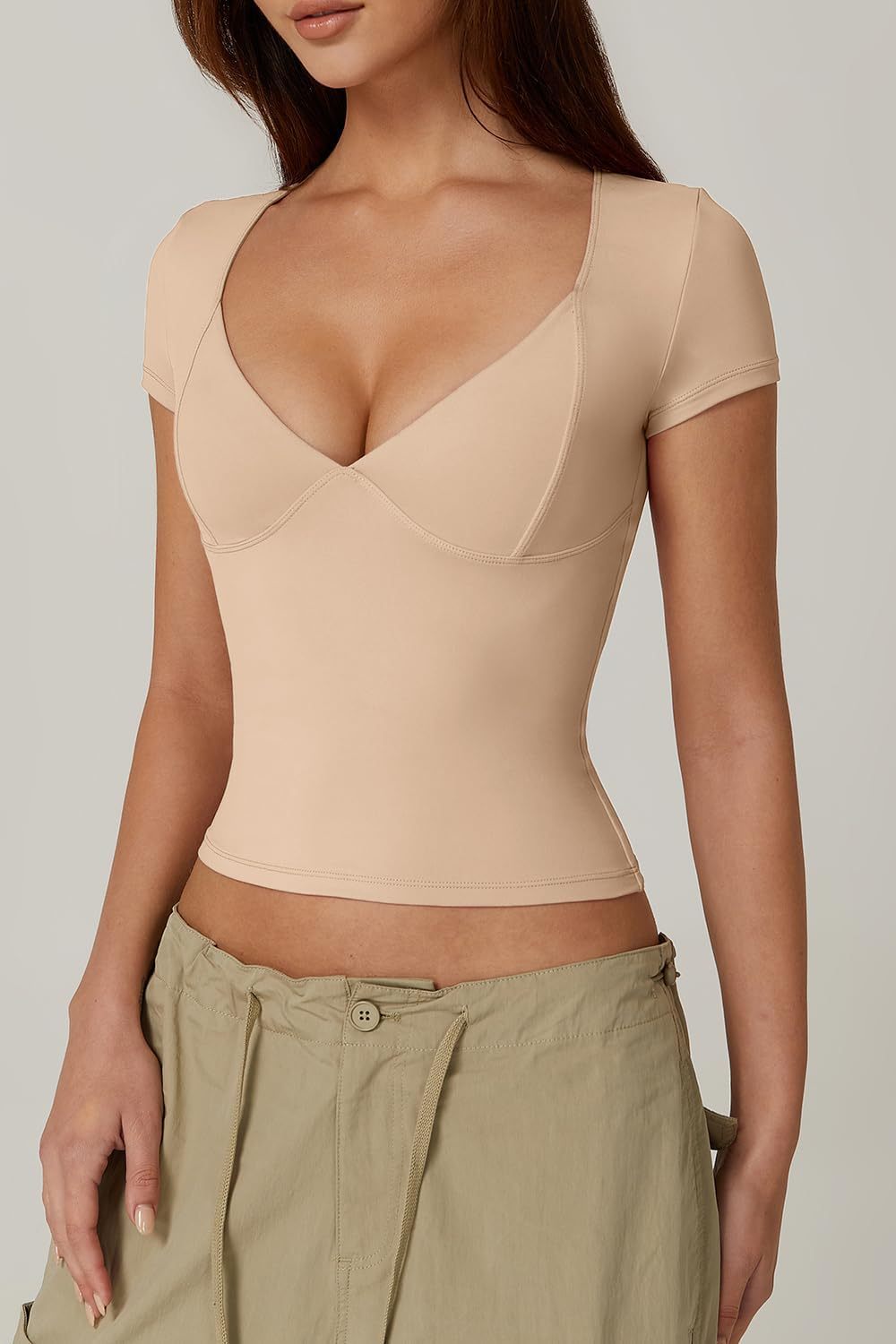 Vibecurve® Women's V Neck Short Sleeve T Shirts Double Lined Tee Seamed Cup Going Out Tops