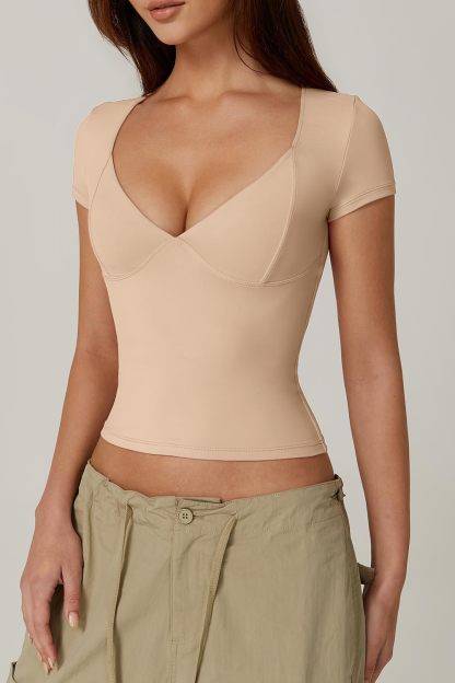 Vibecurve® Women's V Neck Short Sleeve T Shirts Double Lined Tee Seamed Cup Going Out Tops