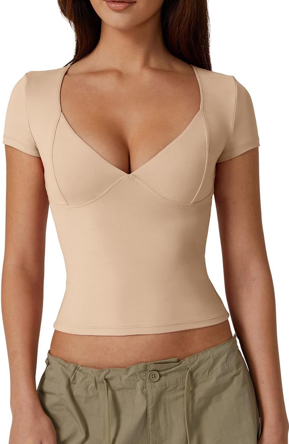 Vibecurve® Women's V Neck Short Sleeve T Shirts Double Lined Tee Seamed Cup Going Out Tops