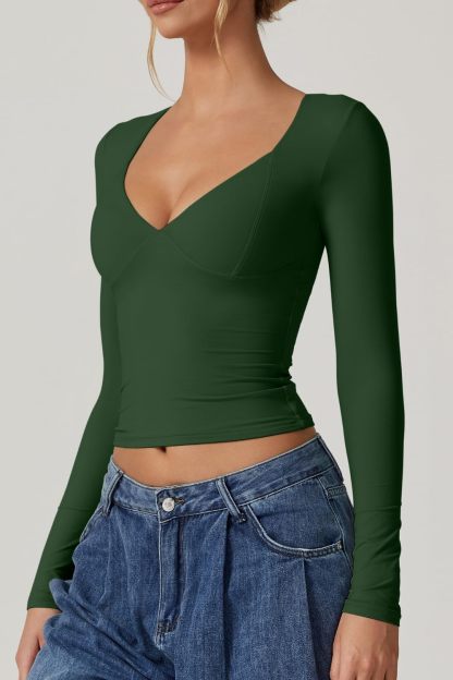 Vibecurve® Women's Long Sleeve Deep V Neck Crop Top Basic Style