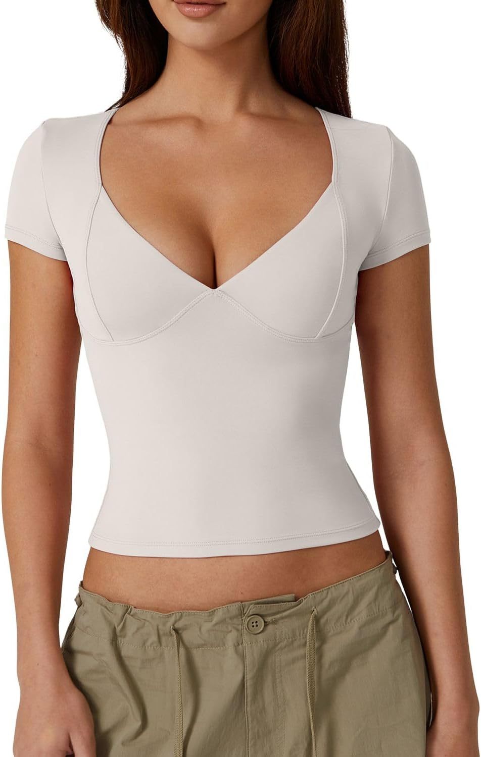 Vibecurve® Women's V Neck Short Sleeve T Shirts Double Lined Tee Seamed Cup Going Out Tops