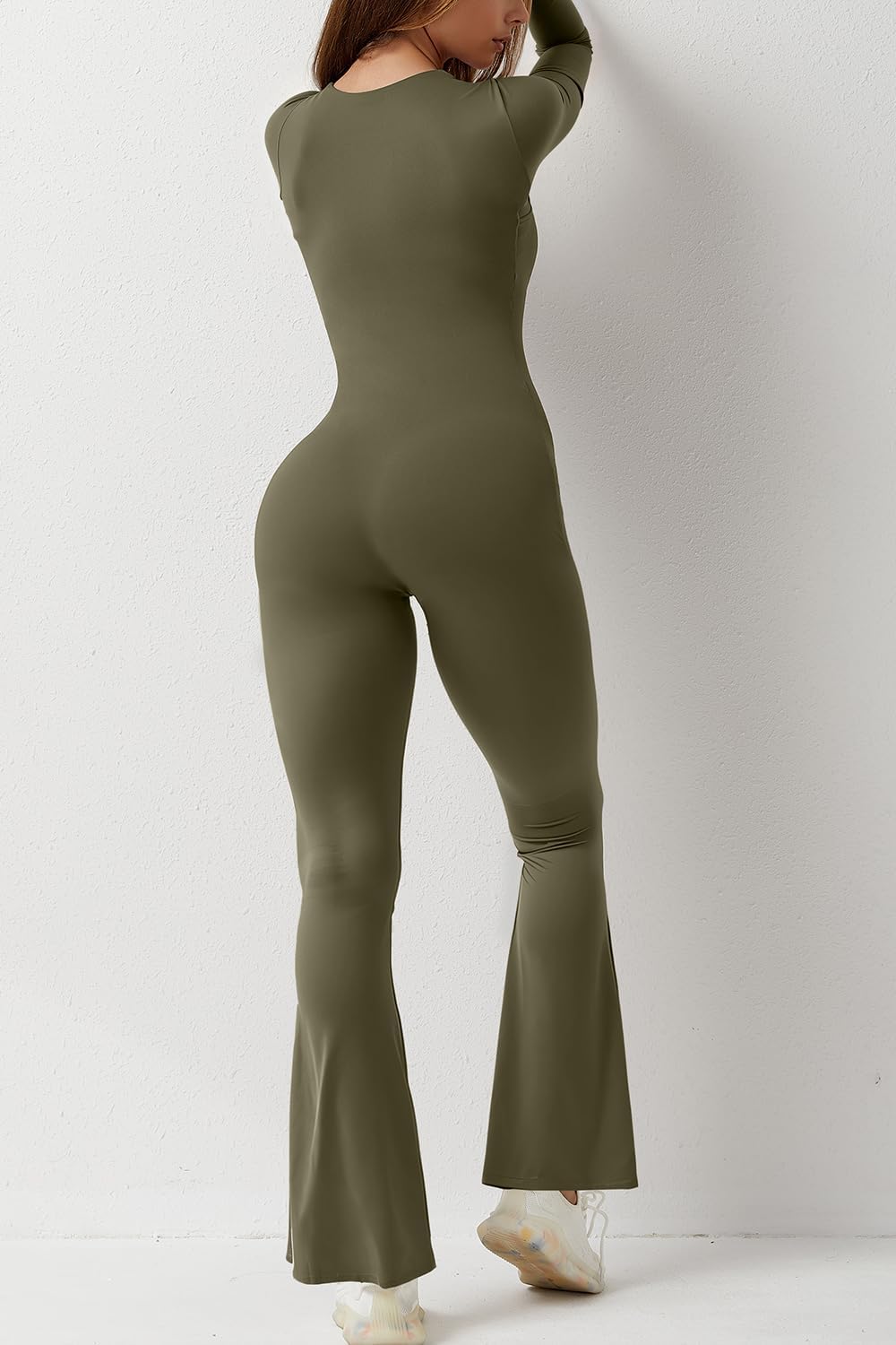 Vibecurve® Solid Square Neck Slim Long Sleeve Flare Leg Full Length Jumpsuit