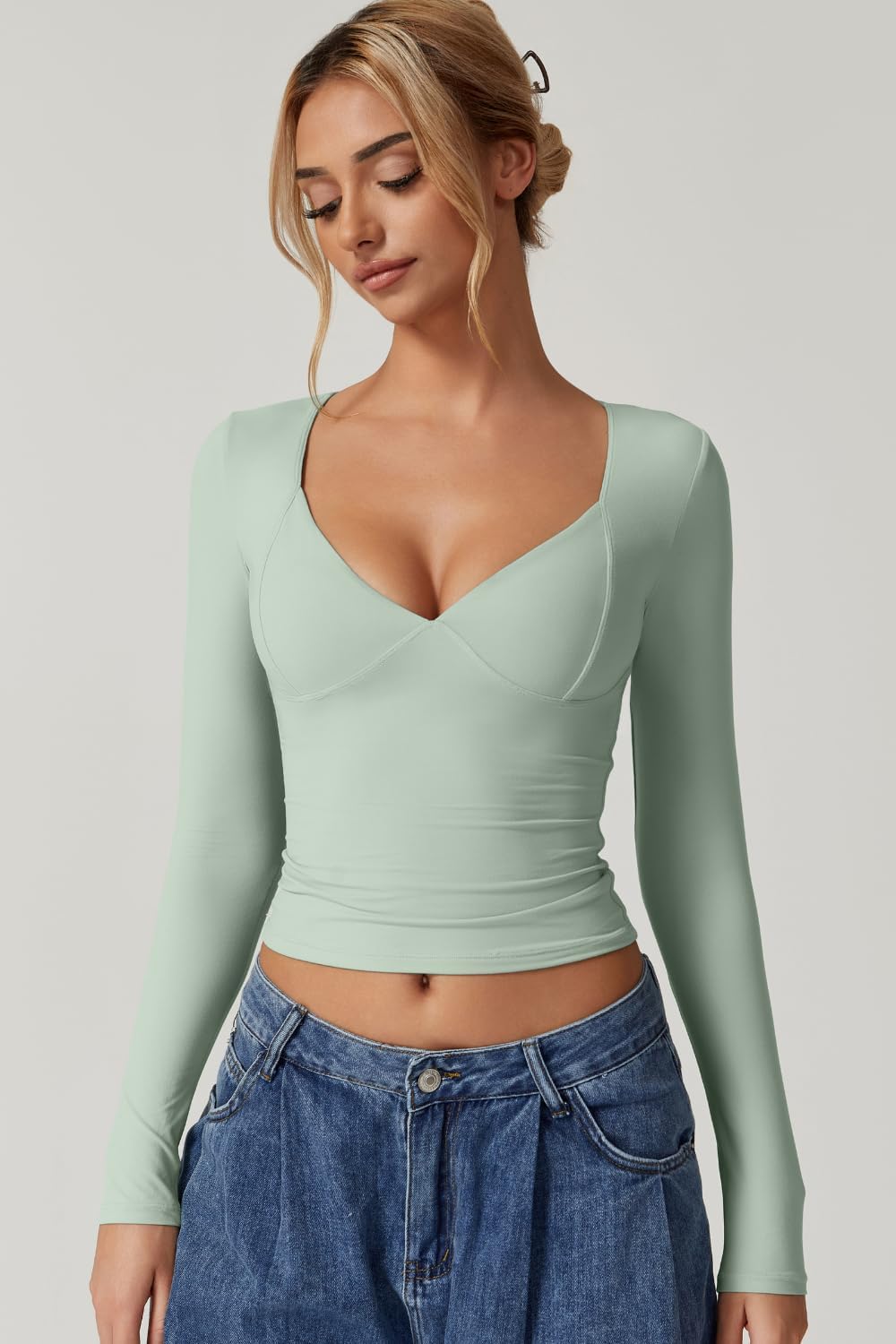 Vibecurve® Women's Long Sleeve Deep V Neck Crop Top Basic Style