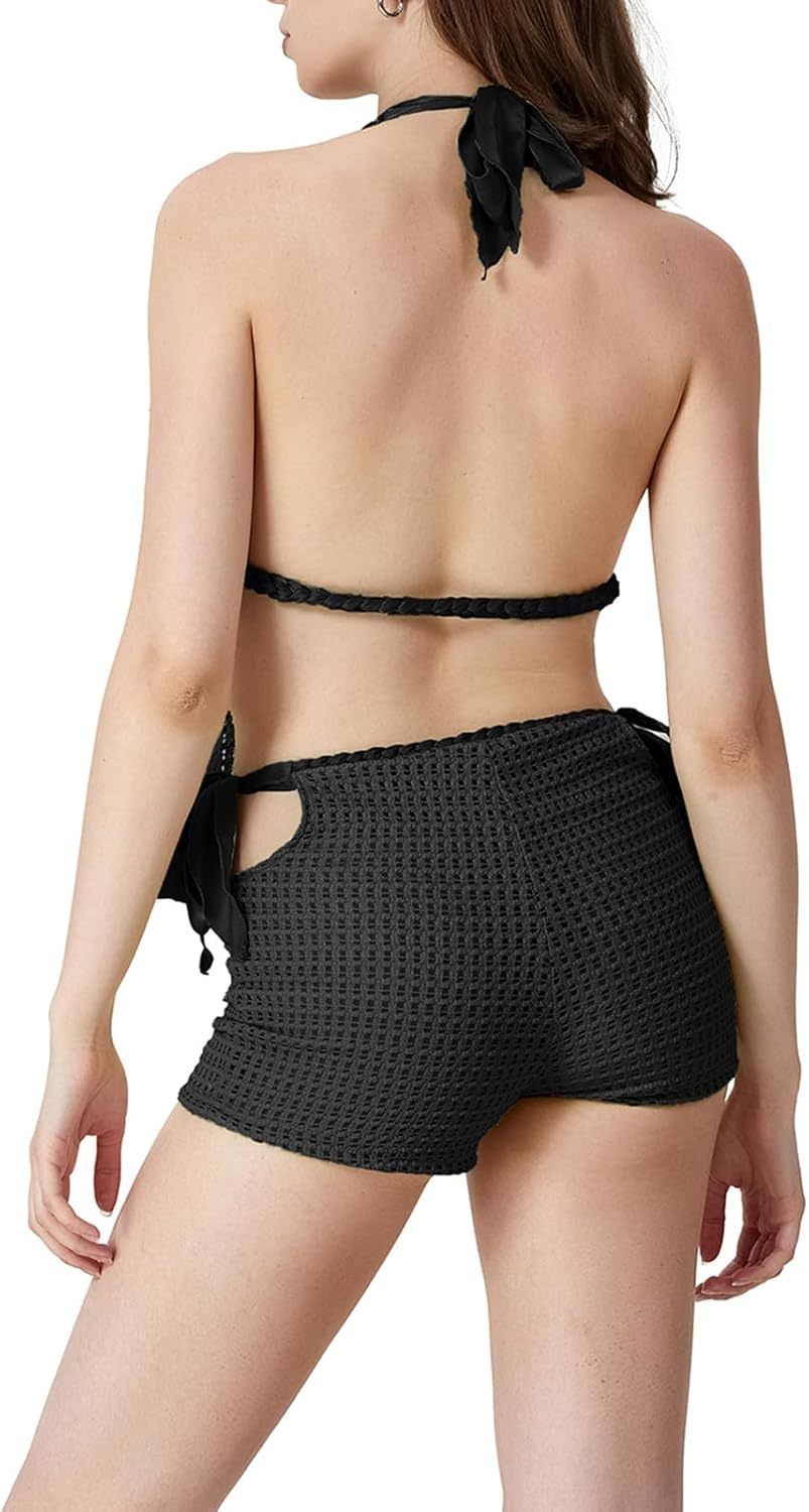 Vibecurve® Women Summer 2Pcs Crochet Shorts Set Tie Up Halter Open Back Split Tank Top Hollow Out Boho Shorts Club Beachwear