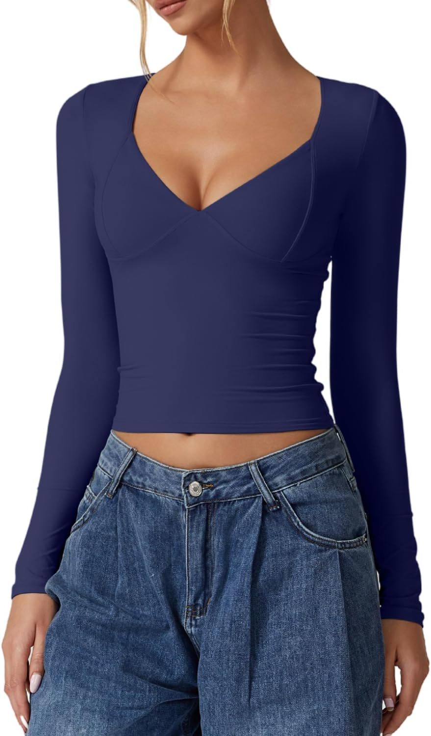Vibecurve® Women's Long Sleeve Deep V Neck Crop Top Basic Style