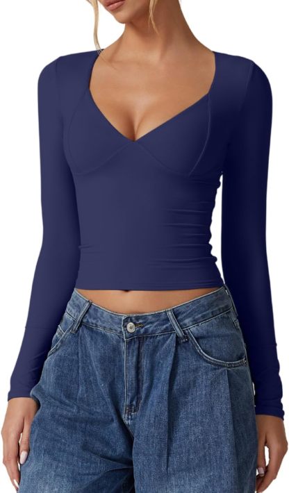 Vibecurve® Women's Long Sleeve Deep V Neck Crop Top Basic Style