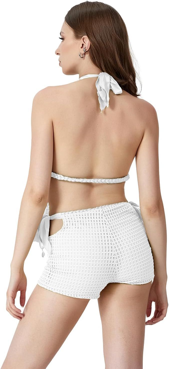 Vibecurve® Women Summer 2Pcs Crochet Shorts Set Tie Up Halter Open Back Split Tank Top Hollow Out Boho Shorts Club Beachwear