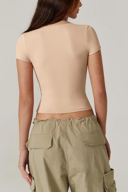 Vibecurve® Women's V Neck Short Sleeve T Shirts Double Lined Tee Seamed Cup Going Out Tops