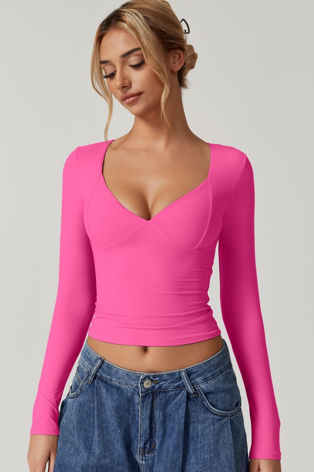 Vibecurve® Women's Long Sleeve Deep V Neck Crop Top Basic Style