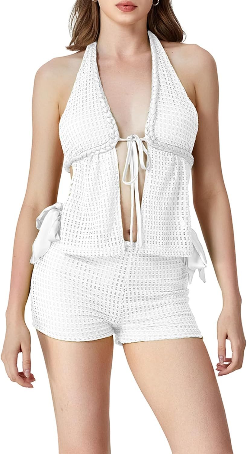 Vibecurve® Women Summer 2Pcs Crochet Shorts Set Tie Up Halter Open Back Split Tank Top Hollow Out Boho Shorts Club Beachwear