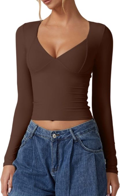 Vibecurve® Women's Long Sleeve Deep V Neck Crop Top Basic Style